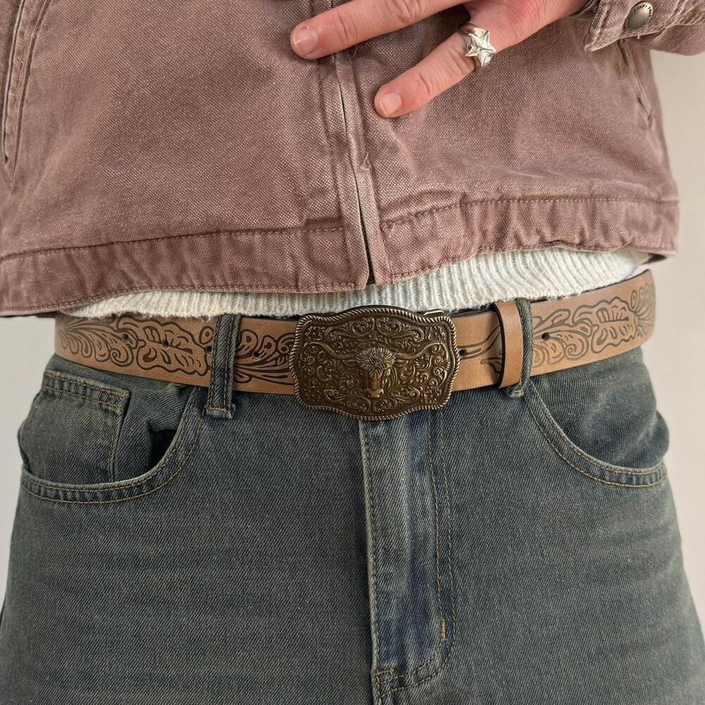 y2k classy brown american western large bull buckle cowboy boho belt